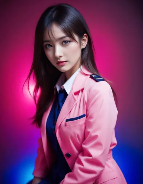 girl, Despicable German Female Zoologist, electric pink and deep blue background, Warmcore, BW, beautiful,dynamicpose