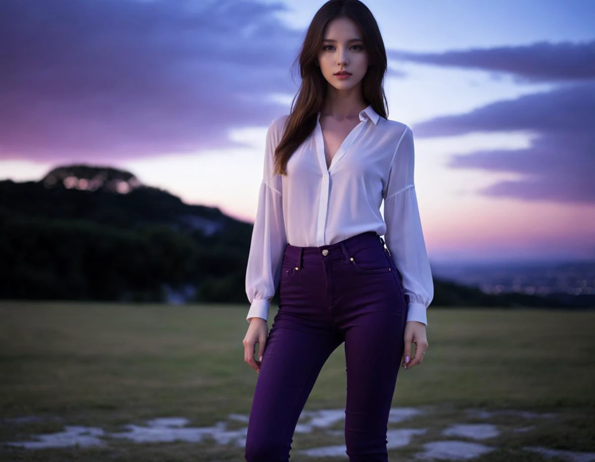 girl, Goldsmith, wearing dark violet Skinny jeans and blouse, at Twilight, split diopter, Masterpiece, Vorticism Art, F/14, (art by Sarah Purser:0.8) , beautiful,dynamicpose
