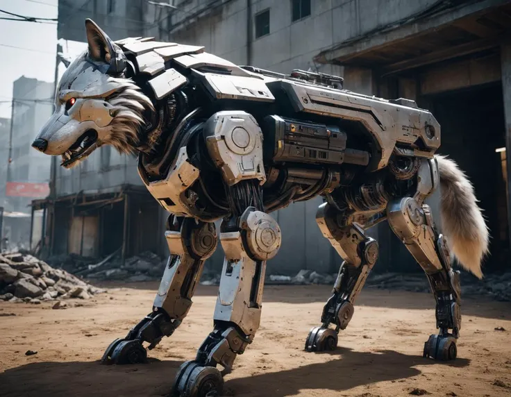 8k,masterpiece, best quality, wolf robot ,cyberpunk style, devastation,dirt, <lyco:Robotaction:0.8> <lora:add_detail:0.2>