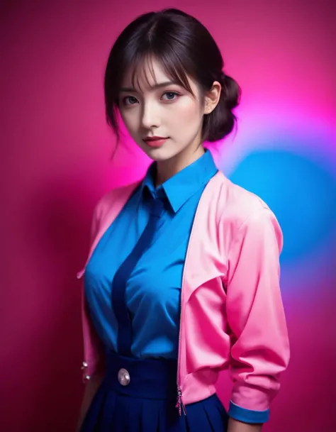 girl, Despicable German Female Zoologist, electric pink and deep blue background, Warmcore, BW, beautiful,dynamicpose