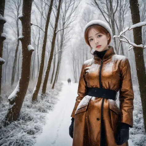 beautiful,dynamicpose,Rust vegetation, Intense slim girl, Thunderer, Russian Earbuds, Snowing, equirectangular 360, Mannerism Art, Fish-eye Lens, Colorless