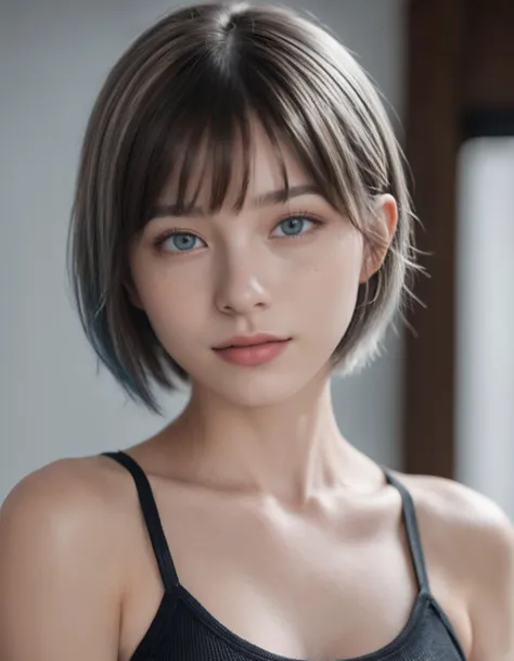 1girl,bangs,bare shoulders,blue eyes,freckles,lips,looking at viewer,nose,realistic,(silver short hair,bobcut),sleeveless,solo,black tank top,upper body,