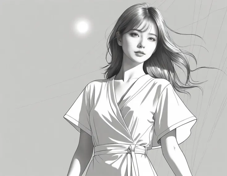 line art drawing girl, Technical illustration, Distinguished Masterpiece Neo-Tokyo Girl, Realistic, Sun Rays, beautiful,dynamicpose . professional, sleek, modern, minimalist, graphic, line art, vector graphics