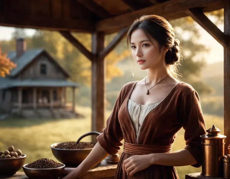 girl, (art by Terry Redlin:0.7) , warm hillside, Striking Female Spice merchant, Depth of field 100mm, beautiful,dynamicpose
