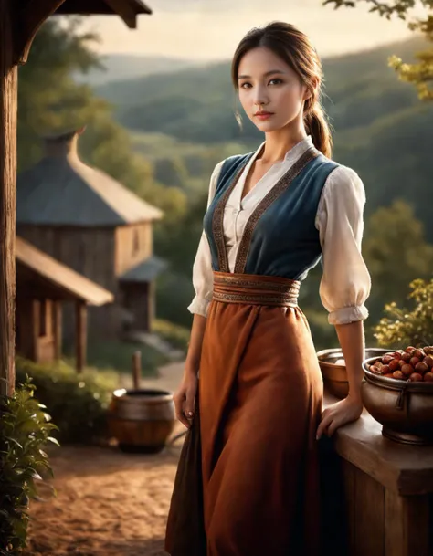 girl, (art by Terry Redlin:0.7) , warm hillside, Striking Female Spice merchant, Depth of field 100mm, beautiful,dynamicpose