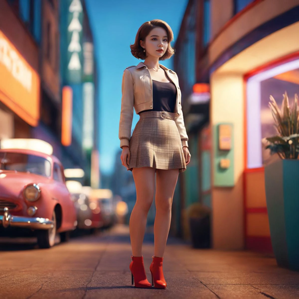 girl,fullbody, Unity Engine, surreal, Conversational small Atomic Age Female, background is [Glasgow|Dune], tilt shift, Cel shading, Light, Vivid Colors, 64K