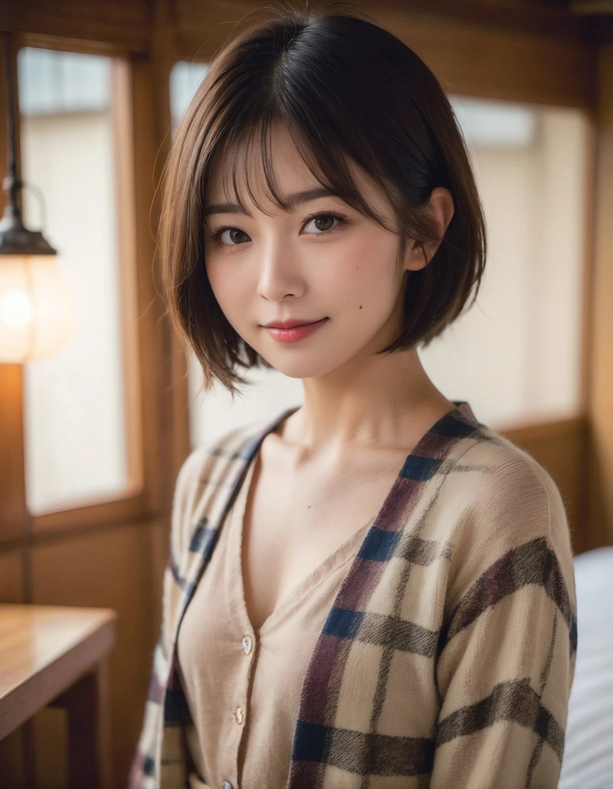 japanese woman, (small smile:1.2),(soft light:1.8),(natural lighting),
Plaid
thin clothes
indoor,
standing,
(bob hair)
<lora:ayame_LoRA_v17e:0.2>
