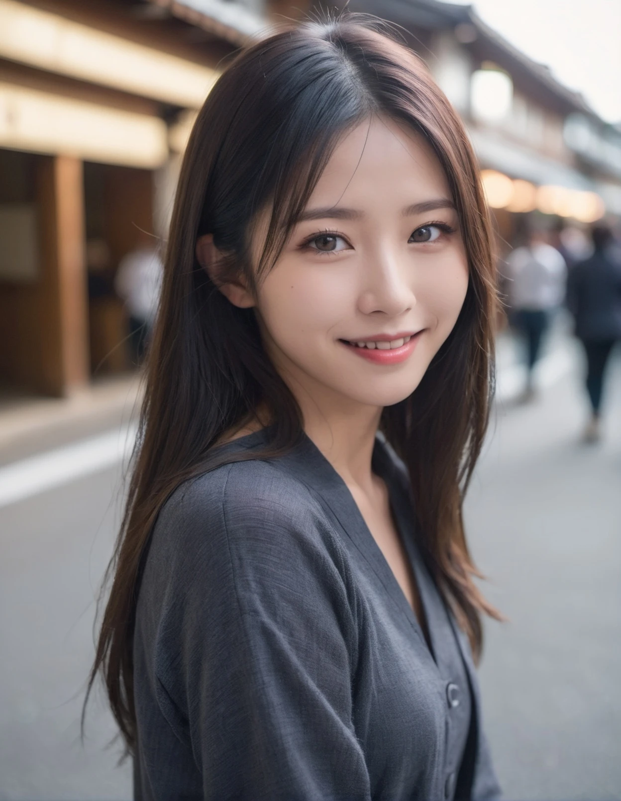 japanese woman, (archaic smile:1.2),(soft light:1.8),(natural lighting),
dark gray
thin clothes
in street,
standing,
(long hair)