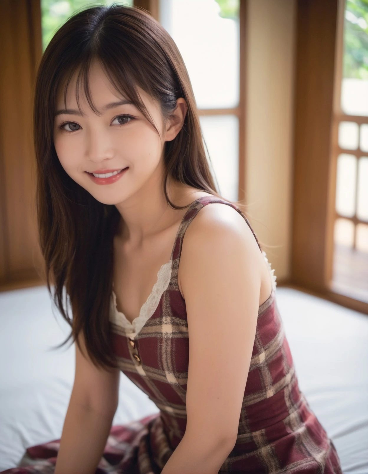 japanese woman, (archaic smile:1.2),(soft light:1.8),(natural lighting),
Plaid
sleeveless dress
in Luxurious room,
sit,
(long hair)