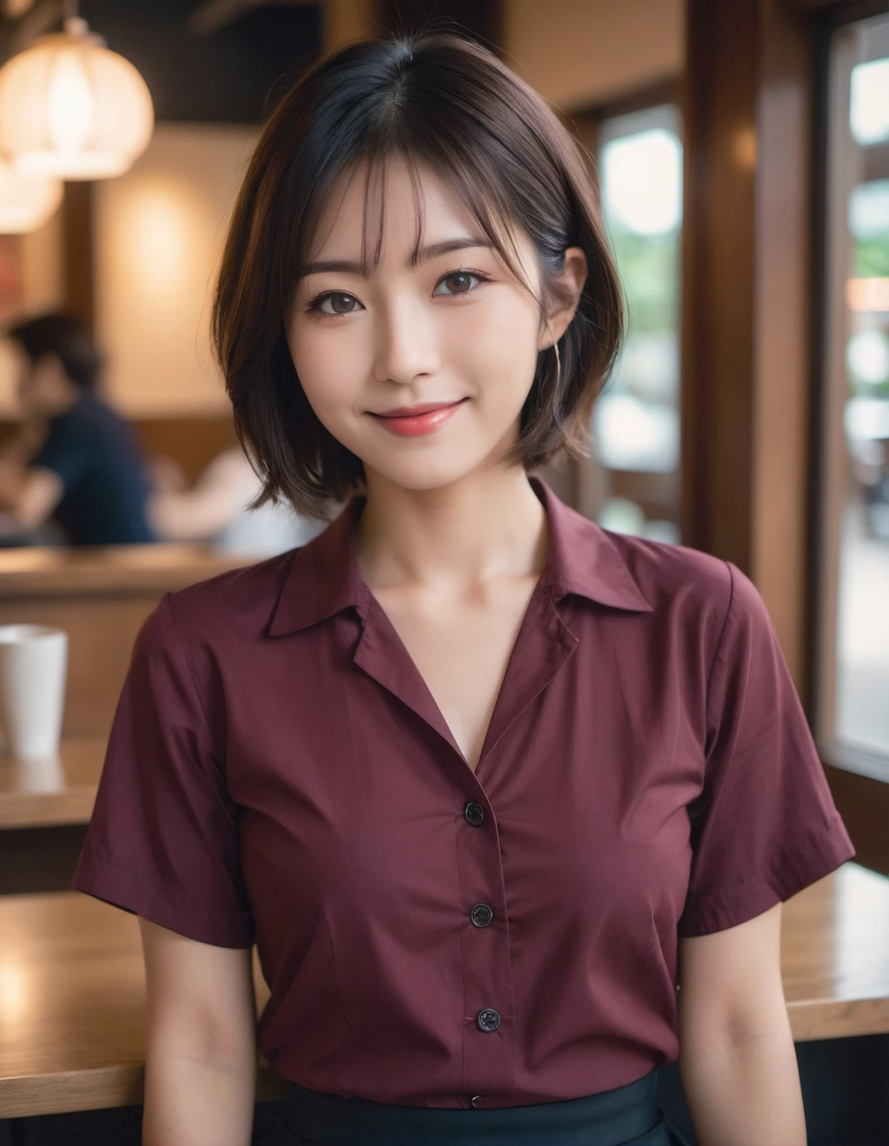japanese woman, (archaic smile:1.2),(soft light:1.8),(natural lighting),
dark red
shirt and skirt
in coffee shop,
sit,
(bob hair)