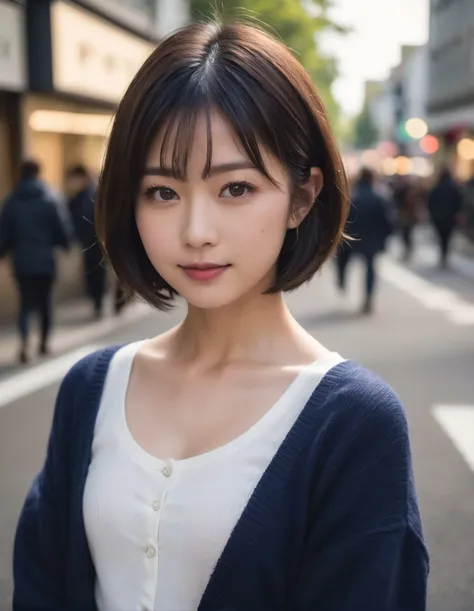 japanese woman, (small smile:1.2),(soft light:1.8),(natural lighting),
navy 
thin clothes 
in street,
dyanmic angle,
(bob hair)
 <lora:ayame_LoRA_v17e:0.2>