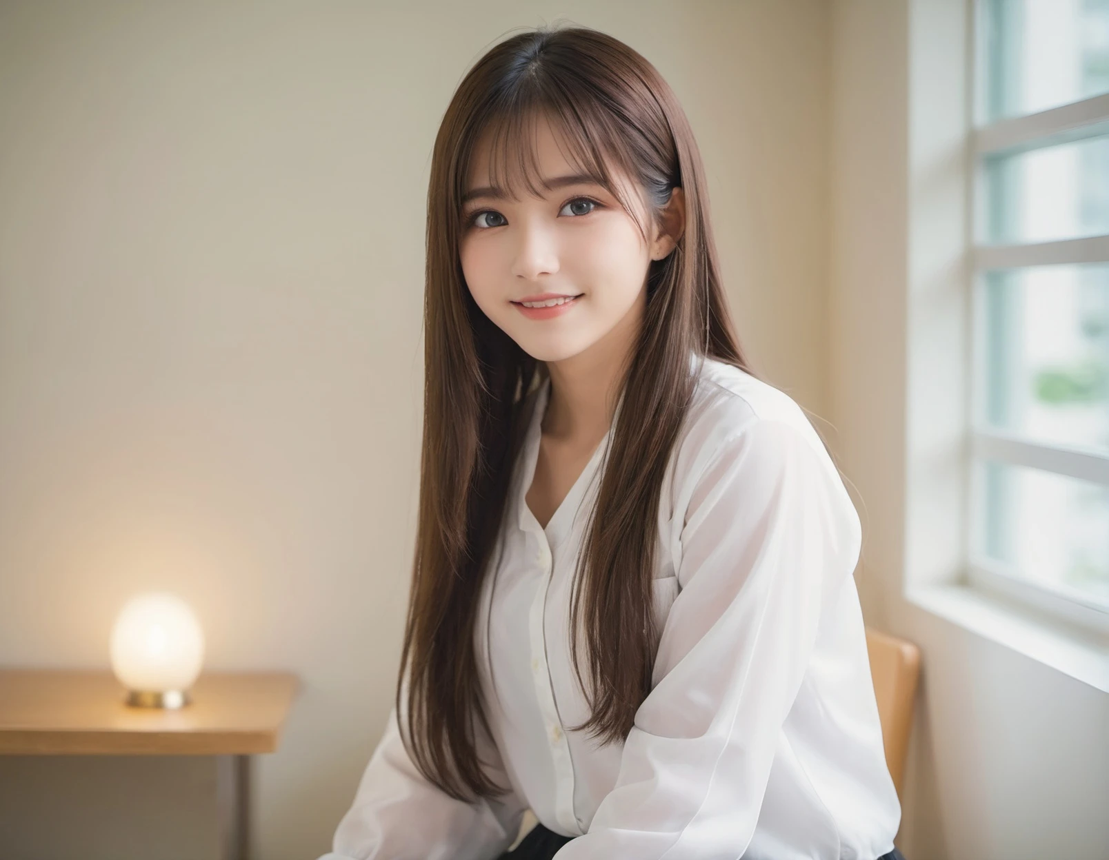 idol, cute, (small smile:1.2),(soft light:1.8),(natural lighting),
white
,
sit,
(long hair)