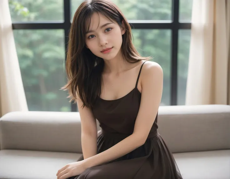 japanese woman, cute, (looking away:2),(archaic smile:0.7),
(dark brown eyes, pupil, Lights in the eyes:1.5),(squint),
(long bob hair),(full body),
(dark brown see-through cloth),(see-through black long skirt),
(in bright room:2),(curtains, sofa, table, chair, see-through curtain:2), (Trees outside the window),spring,