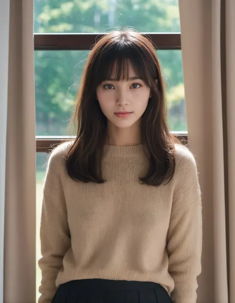 japanese woman, cute, (looking away:2),(half-smile:0.7, squint),
(dark brown eyes, pupil, Lights in the eyes:1.5),
(midi hair,bangs),(full body),
(dark brown loose knit sweater,(tuck-out sweater:3), (sweater pull:3)),(see-through black long skirt),
(in dark room:2),(curtains, sofa, table, chair, see-through curtain:2), (Trees outside the window),spring,
<lora:ayame_LoRA_v20:0.3>