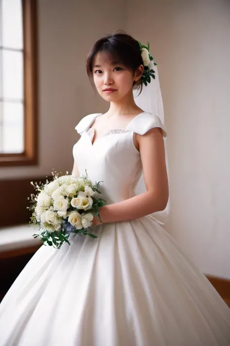 realistic photo of a woman, 20yo, portrait, upper body,, detailed photo, ultra sharp photo,
<lora:shihoActualJapaneseXL005:1.0> shiho,
"A timeless A-line wedding dress with a sweetheart neckline."
"The quiet elegance of a church with glowing chandeliers and artistic stained glass windows."
bokeh, professional lighting,, Visually appealing composition, vibrant colors, soft lighting, interesting textures, unique perspective, sense of depth, balanced negative space.