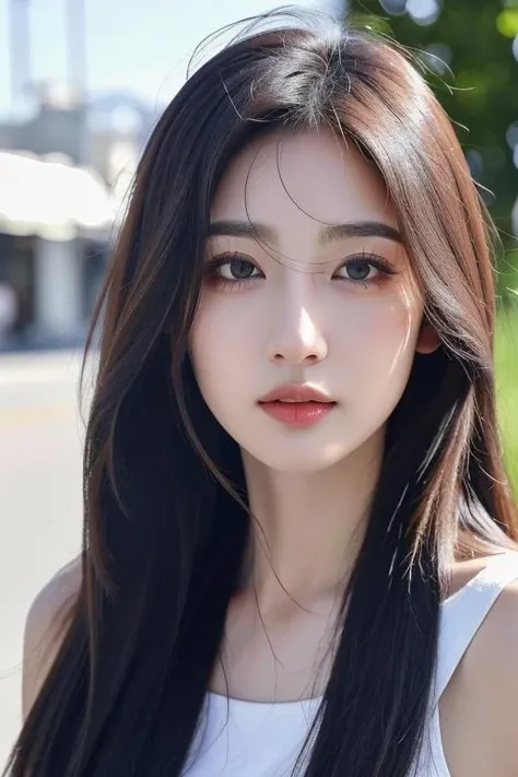 realistic, high resolution, 8k wallpapers, Complete dynamic configuration, Seoul City Background, beautiful detailed eyes, normal sized eyes, long straight hair, gray colored hair, vibrant lips, big bust, Random and plain generic poses, random case, winter costumes, breast swelling, smile, 40 year old woman, Korean woman, (drooping eyes 1.2), (sagging eyebrows 1.2), very beautiful appearance, slim body, natural makeup, Selfie