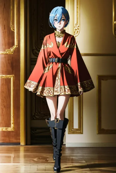 t1g3rr0b3, long sleeves, belt, thigh boots, red robe, high heel boots, <lora:Ðдежда ÑелковÑй Ñ
Ð°Ð»Ð°Ñ Ð¸ Ñапоги на вÑÑоком каблÑке(t1g3rr0b3, long sleeves, belt, thigh boots, red robe, high heel boots,):0.7>, ChopioRem,blue hair,medium hair,blunt bangs,x hair ornament,pink hair ribbon,hair over one eye,blue eyes,medium breasts <lora:Рем Re Zero(ChopioRem,blue hair,medium hair,blunt bangs,x hair ornament,pink hair ribbon,hair over one eye,blue eyes,medium breasts(Ñм2 одеждÑ):0.5>, anime style, anime colors,detailed anime,animeHD, anime eyes, bigger eyes, high quality anime, large anime pupils, 1girl (in full growth), best quality, masterpiece, ultra-detailed, high quality,perfect anatomy, (perfect full body), (detailed full body), good eyes, perfect face, pretty face,(beautiful and aesthetic:1.2),beautiful eyes, anime eyes, detailed eyes,Exquisite visuals, high-definition