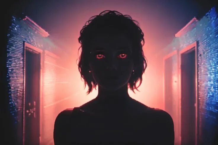 <lora:AnalogDistortion:0.5>, AnalogDistortion, close up of a woman standing in front of a blue light in a dark hallway, red, glowing eyes, vhs, 8k, analog photo, masterpiece, volumetric lighting