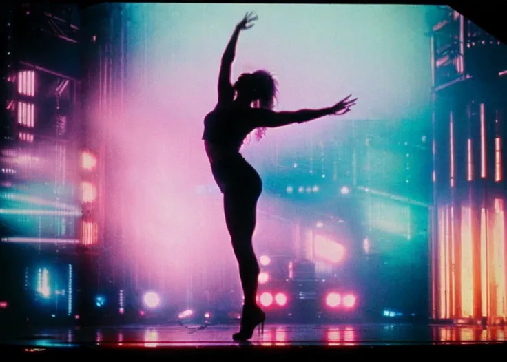 <lora:AnalogDistortion:0.4>, AnalogDistortion, analog photo, close up of a woman dancing in a studio, dynamic pose, dynamic angle, close up, 8 0 s, 1980, vhs, night, fujifilm, fujicolor, 35mm