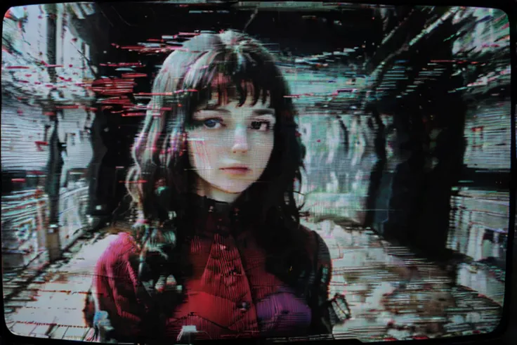 <lora:AnalogDistortion:0.78>, AnalogDistortion, a woman in a red dress is on a television, 8k, static, vhs, analog photo