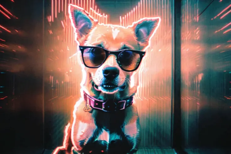 <lora:AnalogDistortion:0.7>, AnalogDistortion, dog wearing sunglasses in front of neon lighting, analog photo, masterpiece, volumetric lighting