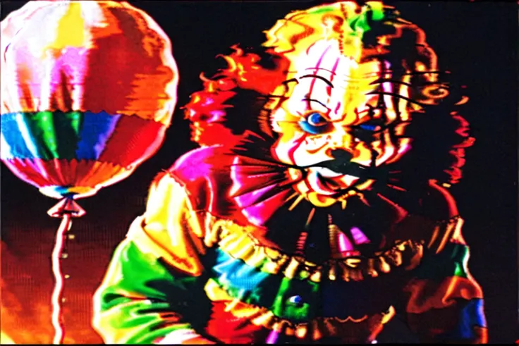 <lora:AnalogDistortion:0.8>, AnalogDistortion, analog, found footage, clown holding a red balloon