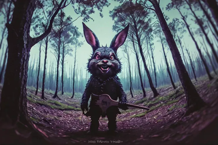 <lora:AnalogDistortion:0.5>, AnalogDistortion, close up, creepy evil rabbit with a crazy grin standing in a forest at night holding an axe, dynamic angle, analog photo, technicolor,