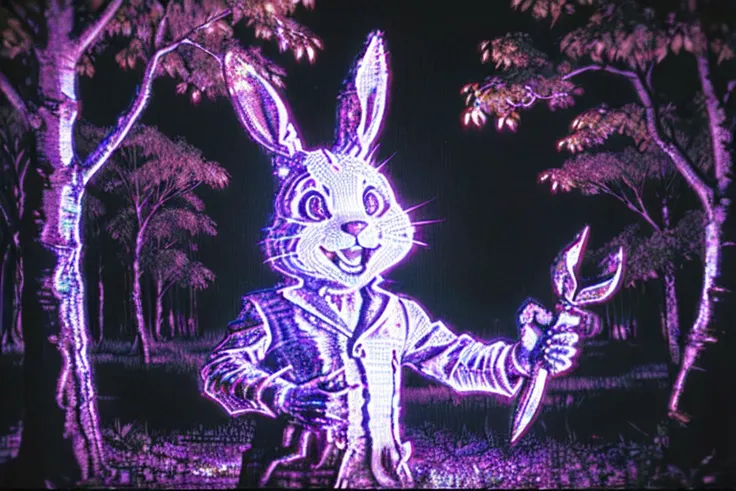 <lora:AnalogDistortion:0.7>, AnalogDistortion, close up, creepy evil rabbit with a crazy grin standing in a forest at night holding an axe, dynamic angle, analog photo, technicolor,