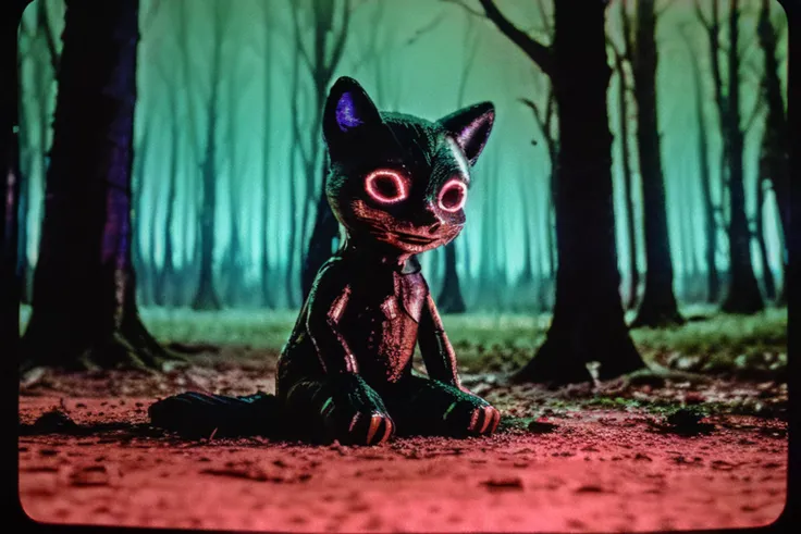 masterpiece, analog photo, anaglyph, scanlines, grainy footage, <lora:AnalogDistortion:0.7>, AnalogDistortion, dark forest floor at night, creepy doll sitting on ground