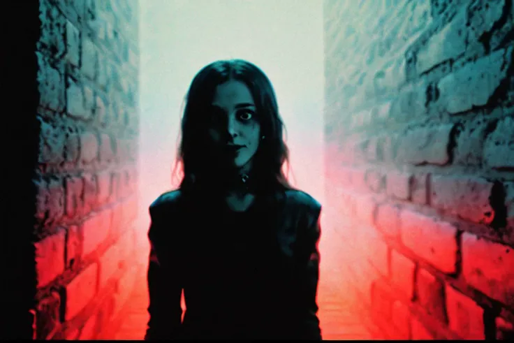 <lora:AnalogDistortion:0.5>, AnalogDistortion, smiling creepy evil vampire young woman, glowing eyes, colorful, sunset, dark shadows, punk clothes,  in front of a brick wall, german expressionism, dynamic angle, analog photo, technicolor, abstract shapes