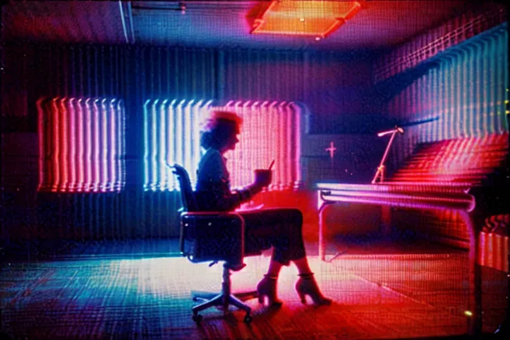 <lora:AnalogDistortion:0.7>, AnalogDistortion, analog photo of a nightclub (((8 0 s))), (woman sitting in an old chair) in an office setting