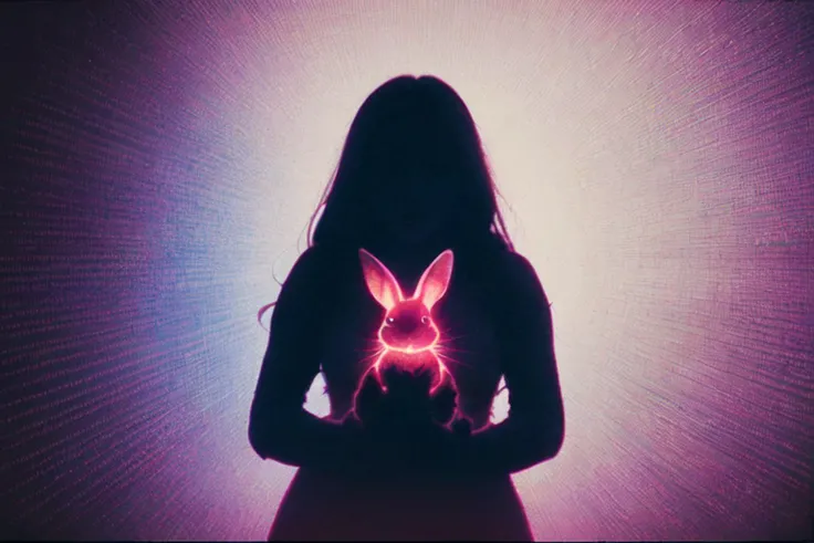 <lora:AnalogDistortion:0.5>, AnalogDistortion, close up, deep dark night, woman holding a plushie of a rabbit, dynamic angle, analog photo, technicolor,