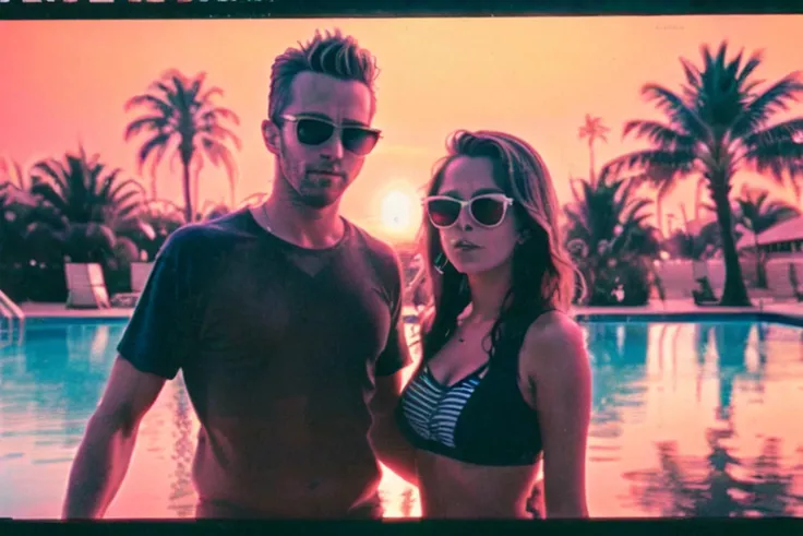 <lora:AnalogDistortion:0.7>, AnalogDistortion, party at a pool, 8 0 s, 1980, close up of a man and woman standing next to each other, miami vice style, palm trees, sunglasses, dynamic angle, sunset, analog photo, night, fujifilm, fujicolor
