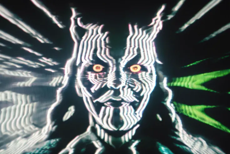 <lora:AnalogDistortion:0.7>, AnalogDistortion, close up of a demon wearing a creepy mask in a dark room, dynamic angle, distortion, fujicolor, neon