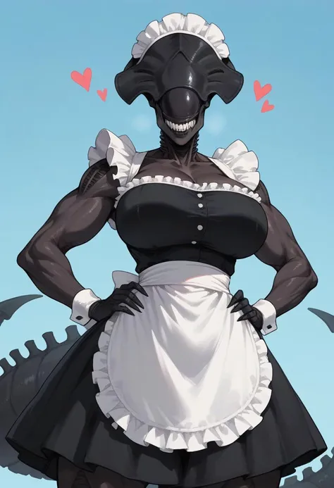 score_9, score_8_up, score_8, source_anime, 1girl, <lora:XenomorphQueen:0.9> solo, colored skin, muscular female, black skin, no eyes, tail, monster, upper body, huge breasts, hands on hips, hearts, teeth, sharp teeth, (((full maid outfit))), view from below,
A black dress with white trim, with a full skirt at or above knee length
White half-apron, usually with ruffle or lace
A ruffled or lace headpiece or a bonnet,
light blue background, simple background,