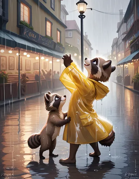 score_9_up,score_8_up,score_7_up,score_6_up,score_5_up, digital_media_(artwork), best quality,(raccoon:1.1), (dancing in rain:1.25), wet fur, yellowraincoat, rainy, street lamp, night, town, celebratory, detailed background, happy, wet, looking up, kraaisha, young,
<lora:KraaiSha_-_Art_Style-000037:1> ,
<lora:Wet_Fur-000015:1>,