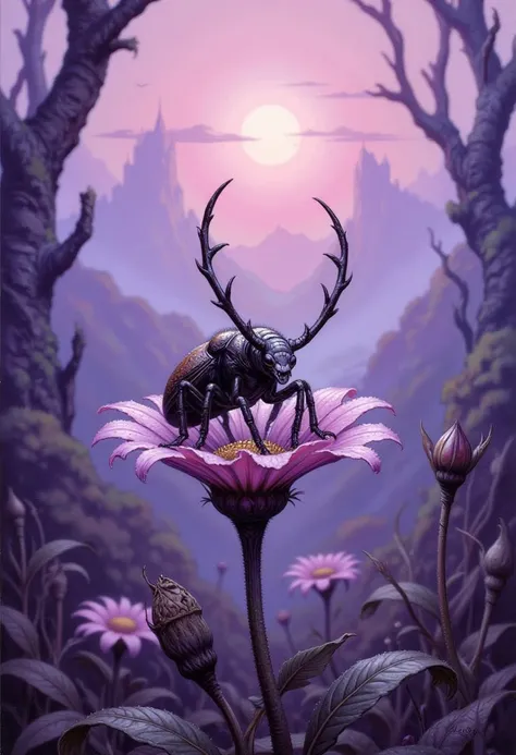hyp3rd3tail style, Frank Frazetta fantasy oil painting of a tiny alien bug on an otherworldly alien lower in the purple morning sun, the flower and it's leaves covered in dew, the bug has intricate bone antlers