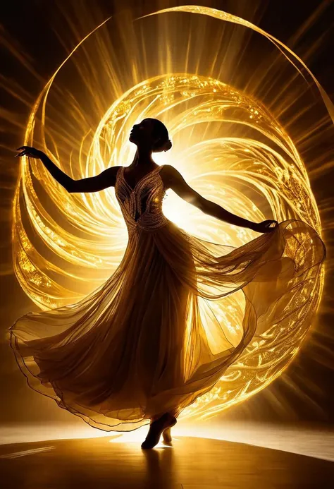 Sunlit Elegance: Ethereal Dance in Golden Rays
Ethereal and mesmerizing, this digital art captures a dancer swirling in golden light. Her silhouette against the radiant beams adds a magical quality to her dance.