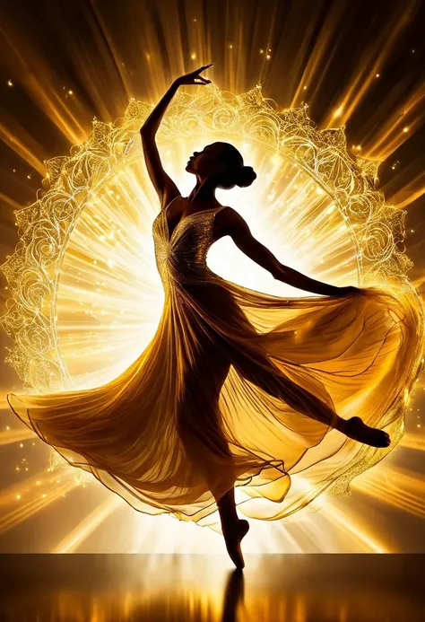 Sunlit Elegance: Ethereal Dance in Golden Rays
Ethereal and mesmerizing, this digital art captures a dancer swirling in golden light. Her silhouette against the radiant beams adds a magical quality to her dance.