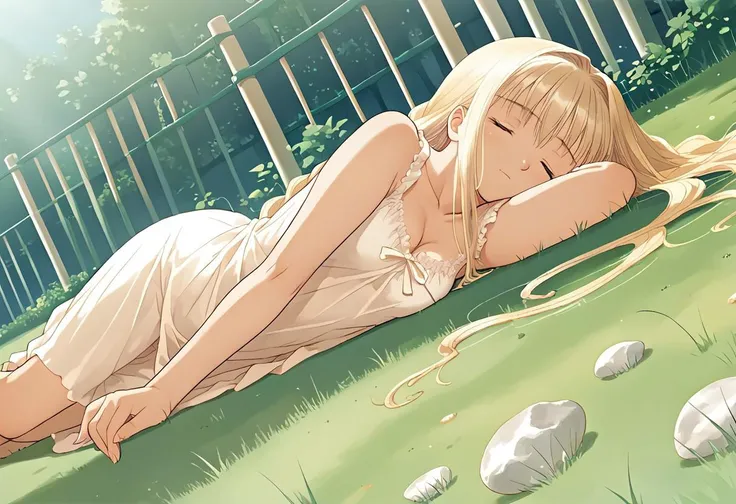 hortensia,score_9,score_8_up,score_7_up,source_anime,best_quality,masterpiece,super_fine_illustration,8k,1girl,solo,adorable_girl,closed_eyes,semi-opened_mouth,sunlight,top_down_shot,dutch_angle,(arms_over_head),blonde_hair,(extra_long_hair),white_long_sundress,outdoors,lying_on_grass,lying_head_down