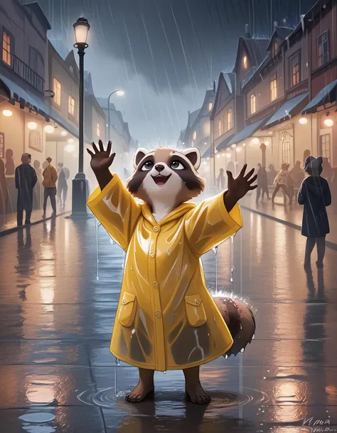 score_9_up,score_8_up,score_7_up,score_6_up,score_5_up, digital_media_(artwork), best quality,(raccoon:1.1), (dancing in rain:1.25), wet fur, yellowraincoat, rainy, street lamp, night, town, celebratory, detailed background, happy, wet, looking up, kraaisha, young,
<lora:KraaiSha_-_Art_Style-000037:1> ,
<lora:Wet_Fur-000015:1>,
