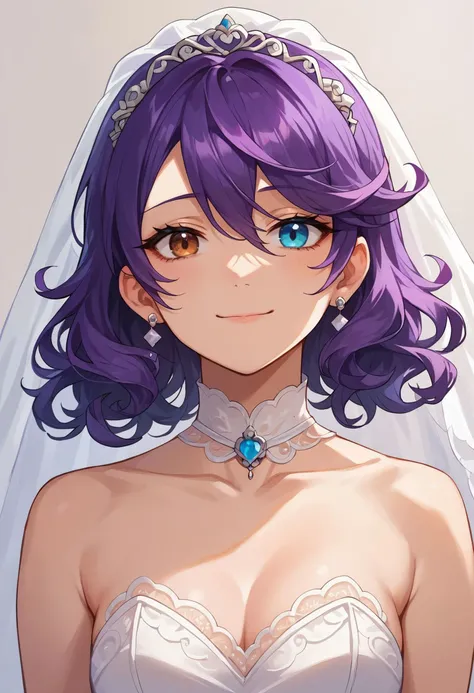 score_9,score_8_up,score_7_up,score_6_up,1girl, alternate costume, bridal veil, brown eyes, closed mouth, dress, hair between eyes, heterochromia, looking at viewer, medium hair, purple hair, simple background, smile, solo, swept bangs, upper body, veil, wavy hair, wedding dress