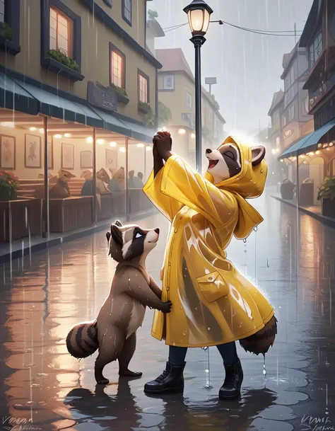 score_9_up,score_8_up,score_7_up,score_6_up,score_5_up, digital_media_(artwork), best quality,(raccoon:1.1), (dancing in rain:1.25), wet fur, yellowraincoat, rainy, street lamp, night, town, celebratory, detailed background, happy, wet, looking up, kraaisha, young,
<lora:KraaiSha_-_Art_Style-000037:1> ,
<lora:Wet_Fur-000015:1>, <lora:age_slider_v4:0.1>