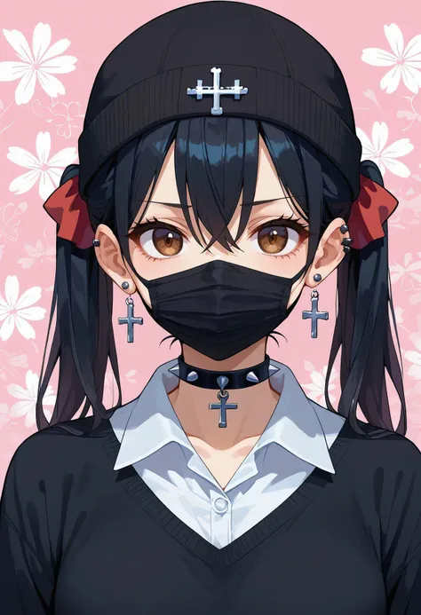 score_9,score_8_up,score_7_up, 1girl, alternate costume, beanie, black choker, black hair, black hat, black sweater, bow, brown eyes, buttons, choker, collared shirt, covered mouth, cross, cross earrings, earrings, floral background, hair between eyes, hat, hat bow, jewelry, long hair, looking at viewer, mask, mouth mask, pink background, portrait, prototype design, red bow, shirt, sidelocks, solo, spiked ear piercing, spikes, studded choker, sweater, twintails, white shirt