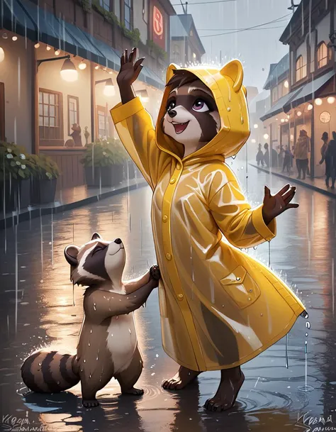 score_9_up,score_8_up,score_7_up,score_6_up,score_5_up, digital_media_(artwork), best quality,(raccoon:1.1), (dancing in rain:1.25), wet fur, yellowraincoat, rainy, street lamp, night, town, celebratory, detailed background, happy, wet, looking up, kraaisha, young,
<lora:KraaiSha_-_Art_Style-000037:1> ,
<lora:Wet_Fur-000015:1>,