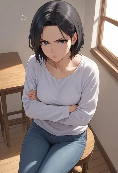 score_9, score_8_up, score_7_up, score_6_up, derpibooru_p_95, source_anime, cute, morning,
1girl, mature_female, skinny, solo, black hair, black eyes, short_hair, wolf_cut, small_breasts, oversized_shirt, jeans,
sitting, crossed_arms, looking up, from above ,looking at viewer,
annoyed, disgust,
wooden stool