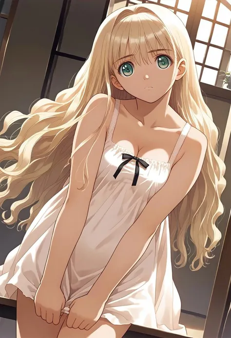 hortensia,score_9,score_8_up,score_7_up,source_anime,best_quality,masterpiece,super_fine_illustration,8k,1girl,blonde_hair,solo,adorable_girl,closed_mouth,(((fear))),(very_long_hair),white_long_sundress,indoors,