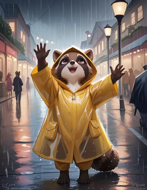 score_9_up,score_8_up,score_7_up,score_6_up,score_5_up, digital_media_(artwork), best quality,(raccoon:1.1), (dancing in rain:1.25), wet fur, yellowraincoat, rainy, street lamp, night, town, celebratory, detailed background, happy, wet, looking up, kraaisha, young,
<lora:KraaiSha_-_Art_Style-000037:1> ,
<lora:Wet_Fur-000015:1>, <lora:age_slider_v4:0.1>