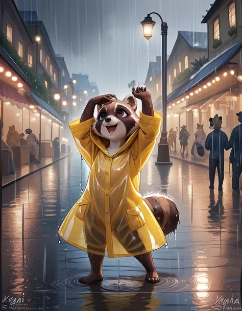 score_9_up,score_8_up,score_7_up,score_6_up,score_5_up, digital_media_(artwork), best quality,(raccoon:1.1), (dancing in rain:1.25), wet fur, yellowraincoat, rainy, street lamp, night, town, celebratory, detailed background, happy, wet, looking up, kraaisha, young,
<lora:KraaiSha_-_Art_Style-000037:1> ,
<lora:Wet_Fur-000015:1>, <lora:age_slider_v4:0.1>