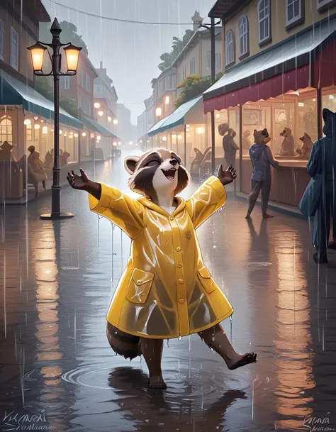 score_9_up,score_8_up,score_7_up,score_6_up,score_5_up, digital_media_(artwork), best quality,(raccoon:1.1), (dancing in rain:1.25), wet fur, yellowraincoat, rainy, street lamp, night, town, celebratory, detailed background, happy, wet, looking up, kraaisha, young,
<lora:KraaiSha_-_Art_Style-000037:1> ,
<lora:Wet_Fur-000015:1>, <lora:age_slider_v4:0.1>